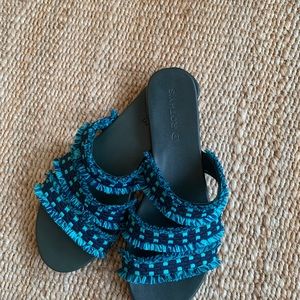 Rothys teal blue fringe sandals EUC 10
